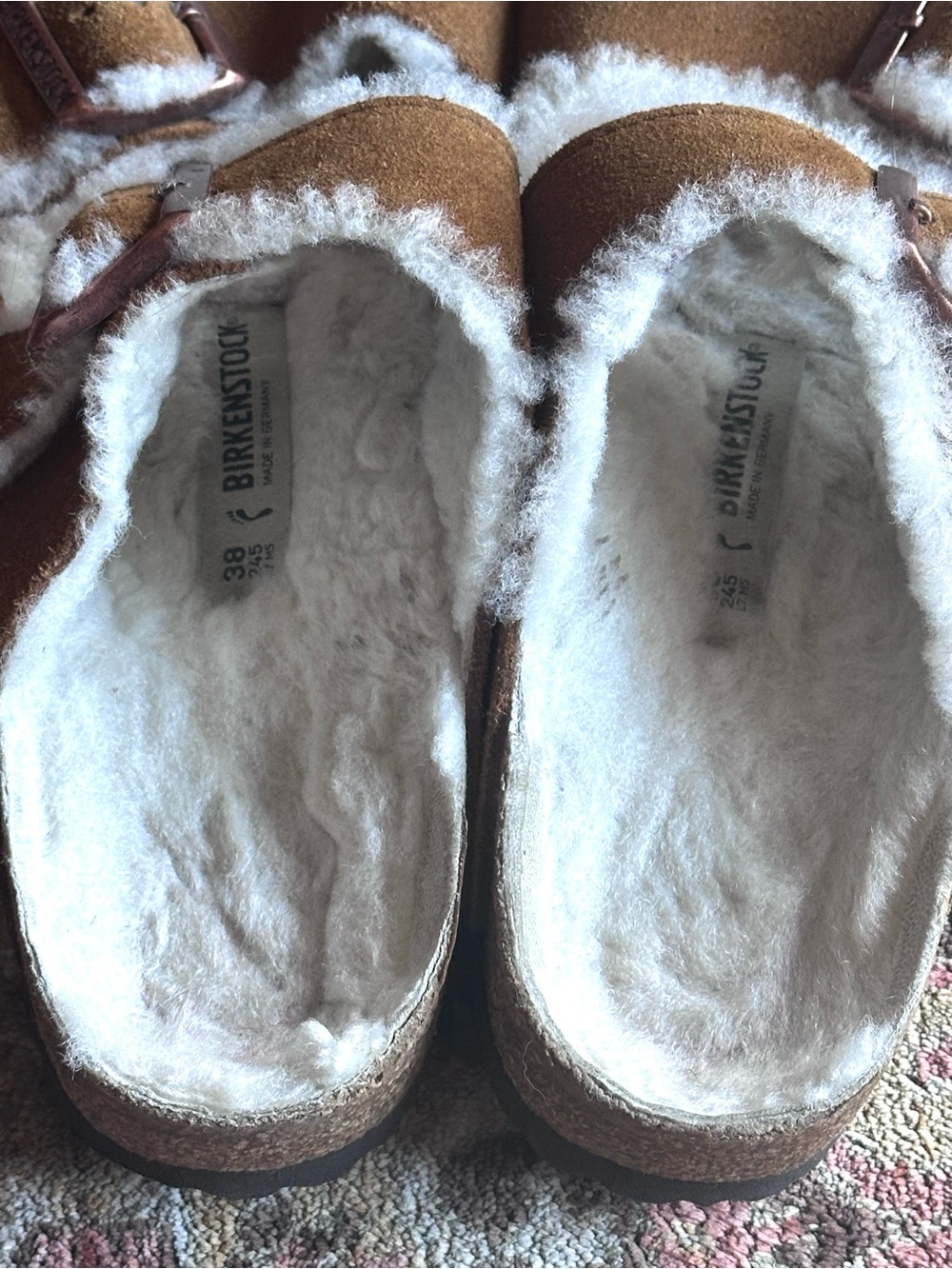 Birkenstock Suede Shearling Arizona Sandals in Chestnut and White - Picture 6 of 8